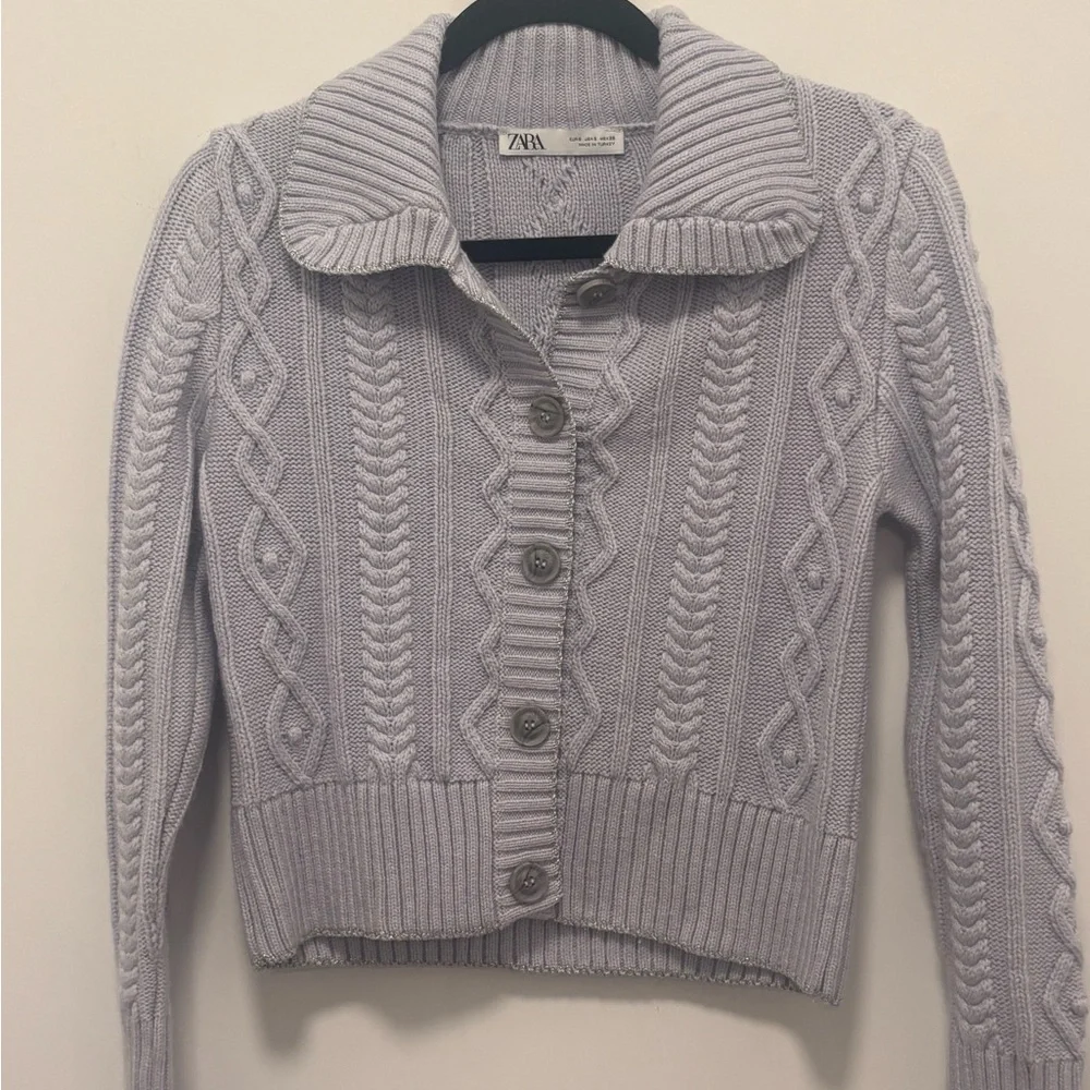 Zara Womens Medium Cable Lilac Silver Thread Cropped Cardigan - Picture 6 of 6